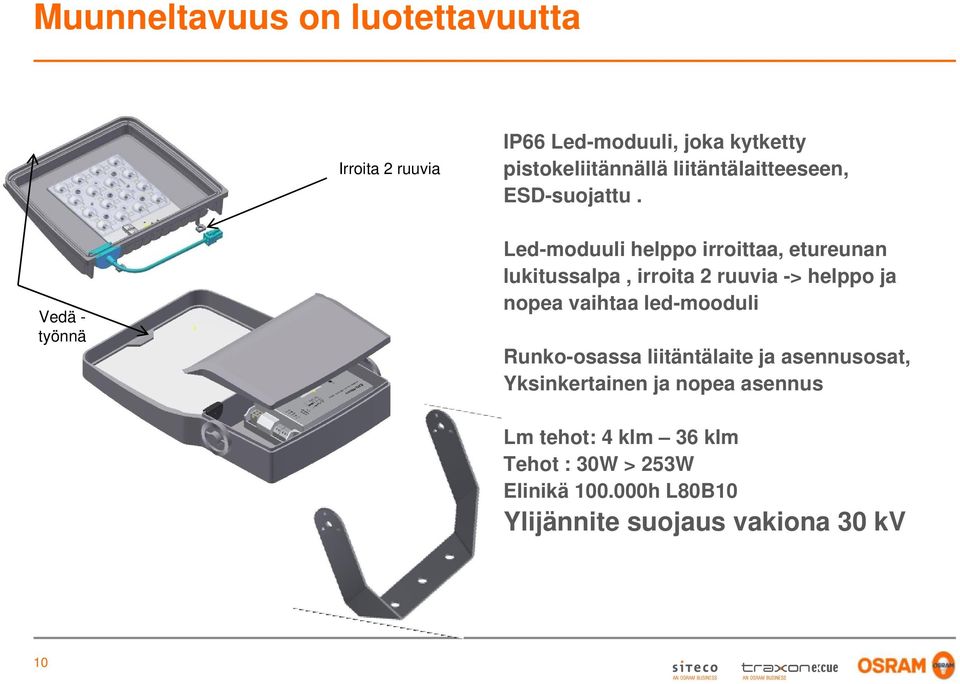 Vedä - työnnä Led-moduuli helppo irroittaa, etureunan lukitussalpa, irroita 2 ruuvia -> helppo ja nopea