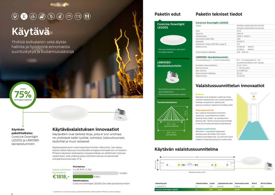 2-5 metrin korkeudella Ø 4-5 m (työpisteet), 6-8 m (suuremmat liikkeet, esim. kävely) 2,5 m / 3,5 m 1-30 minuuttia Max.