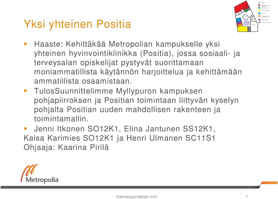 TulosSuunnittelimme Myllypuron kampuksen pohjapiirroksen ja Positian toimintaan liittyvän kyselyn pohjalta Positian uuden mahdollisen