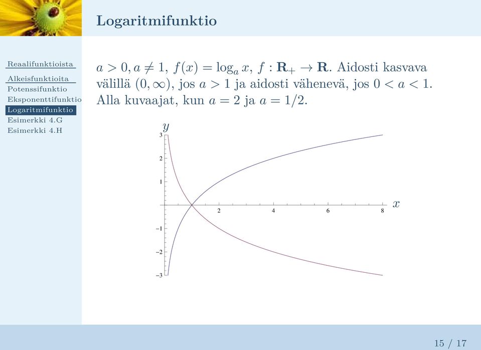 H a > 0, a 1, f(x) = log a x, f : R + R.
