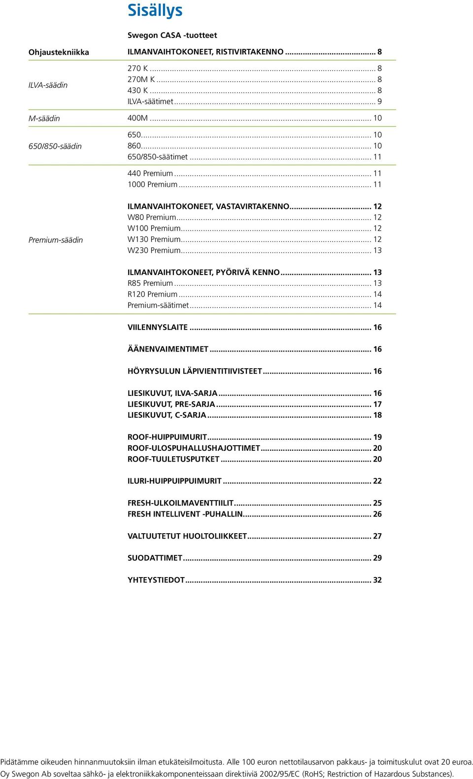 .. 3 ILMANVAIHTOKONEET, PYÖRIVÄ KENNO... 3 R85 Premium... 3 R20 Premium... 4 Premium-säätimet... 4 VIILENNYSLAITE... 6 ÄÄNENVAIMENTIMET... 6 HÖYRYSULUN LÄPIVIENTITIIVISTEET... 6 LIESIKUVUT, ILVA-SARJA.