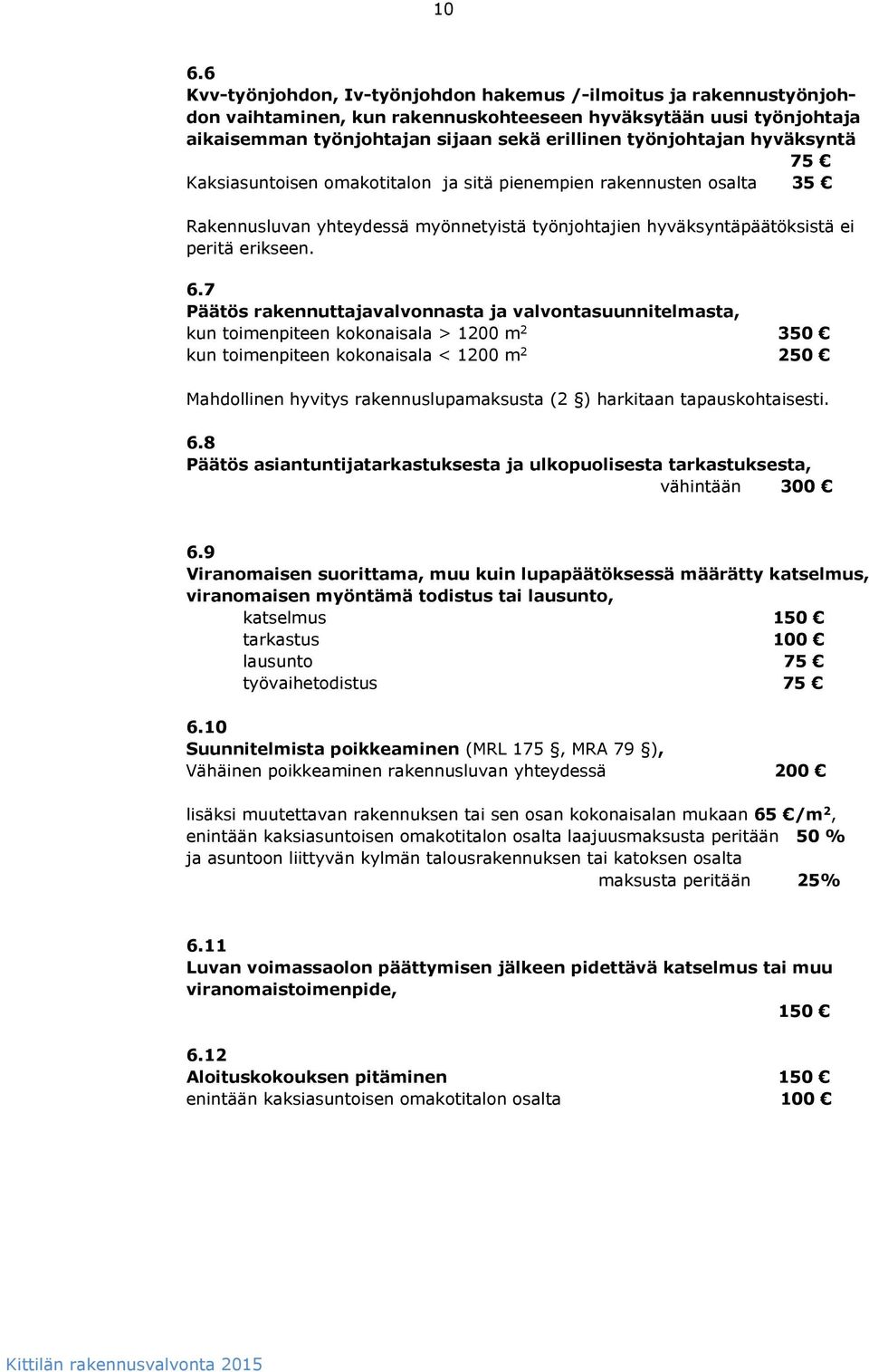 7 Päätös rakennuttajavalvonnasta ja valvontasuunnitelmasta, kun toimenpiteen kokonaisala > 1200 m 2 350 kun toimenpiteen kokonaisala < 1200 m 2 250 Mahdollinen hyvitys rakennuslupamaksusta (2 )