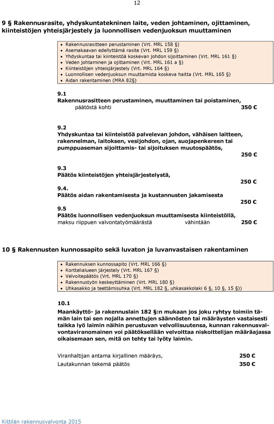 MRL 161 a ) Kiinteistöjen yhteisjärjestely (Vrt. MRL 164 ) Luonnollisen vedenjuoksun muuttamista koskeva haitta (Vrt. MRL 165 ) Aidan rakentaminen (MRA 82 ) 9.