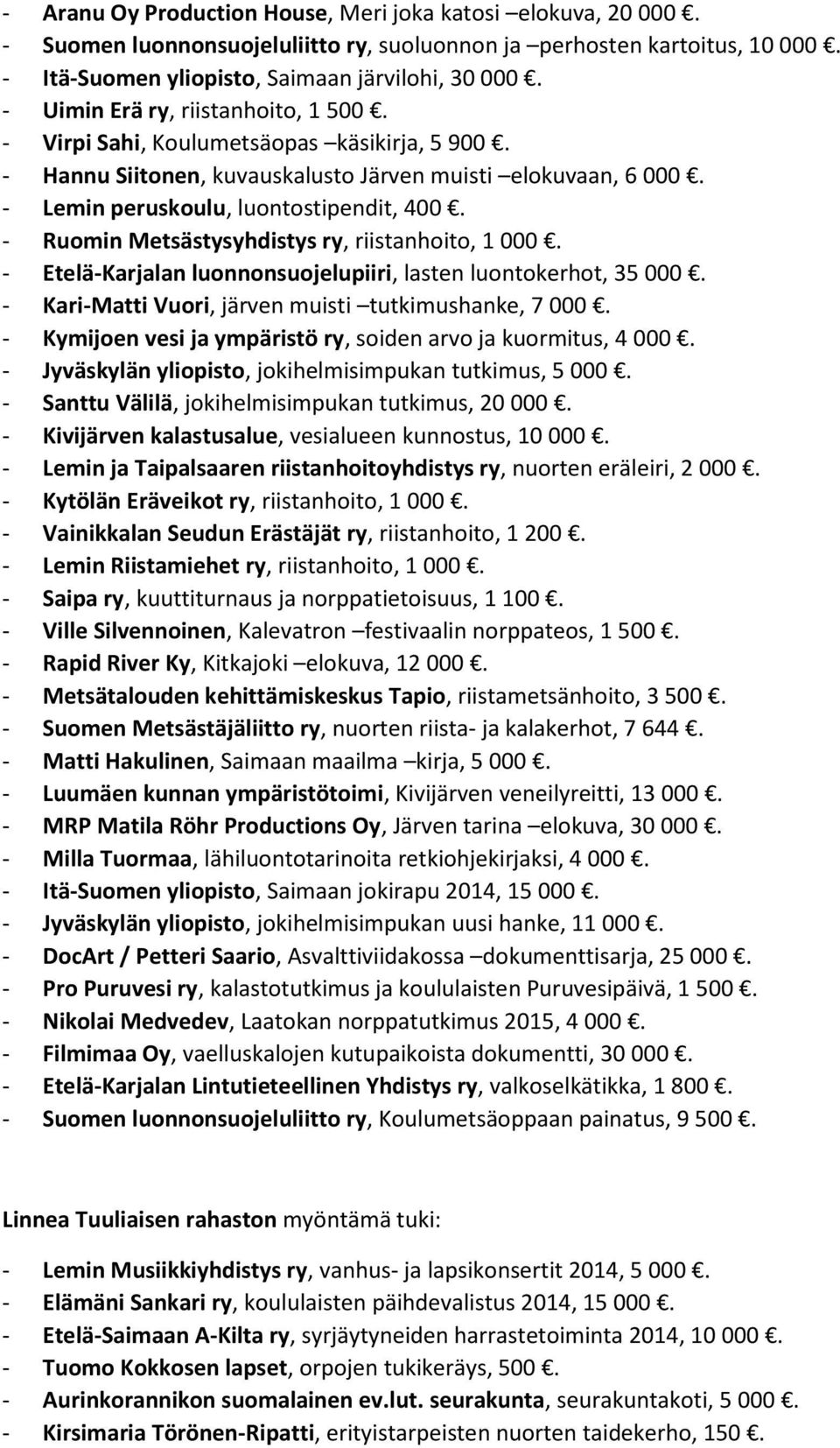 - Ruomin Metsästysyhdistys ry, riistanhoito, 1 000. - Etelä-Karjalan luonnonsuojelupiiri, lasten luontokerhot, 35 000. - Kari-Matti Vuori, järven muisti tutkimushanke, 7 000.