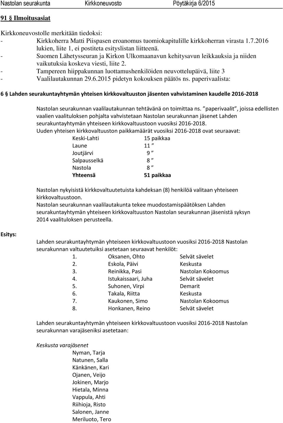 - Tampereen hiippakunnan luottamushenkilöiden neuvottelupäivä, liite 3 - Vaalilautakunnan 29.6.2015 pidetyn kokouksen päätös ns.