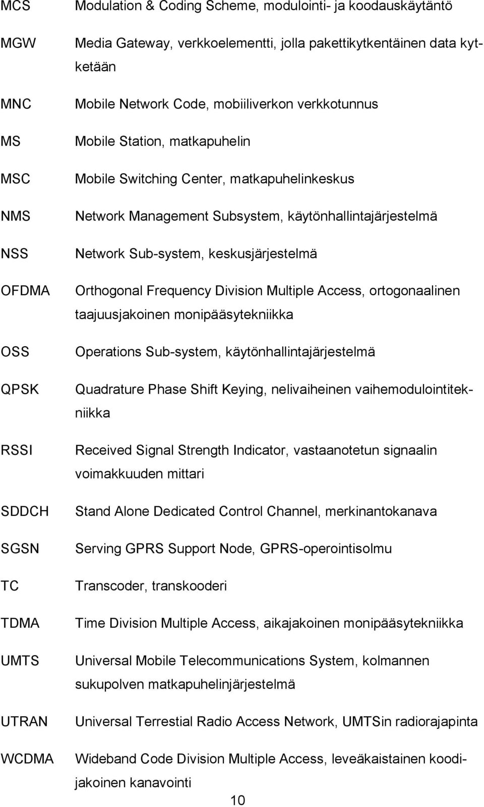 Sub-system, keskusjärjestelmä Orthogonal Frequency Division Multiple Access, ortogonaalinen taajuusjakoinen monipääsytekniikka Operations Sub-system, käytönhallintajärjestelmä Quadrature Phase Shift