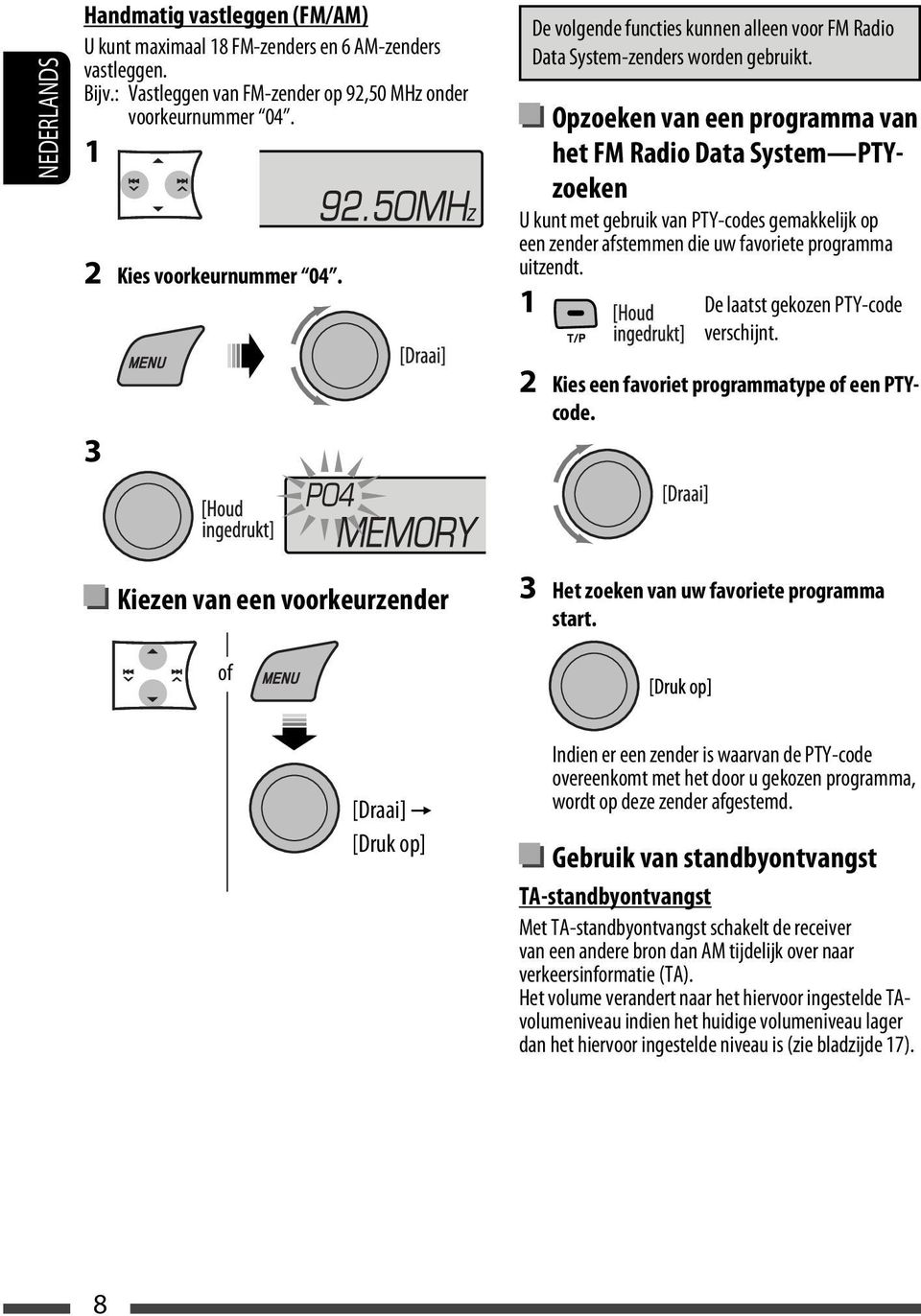 Opzoeken van een programma van het FM Radio Data System PTYzoeken U kunt met gebruik van PTY-codes gemakkelijk op een zender afstemmen die uw favoriete programma uitzendt.