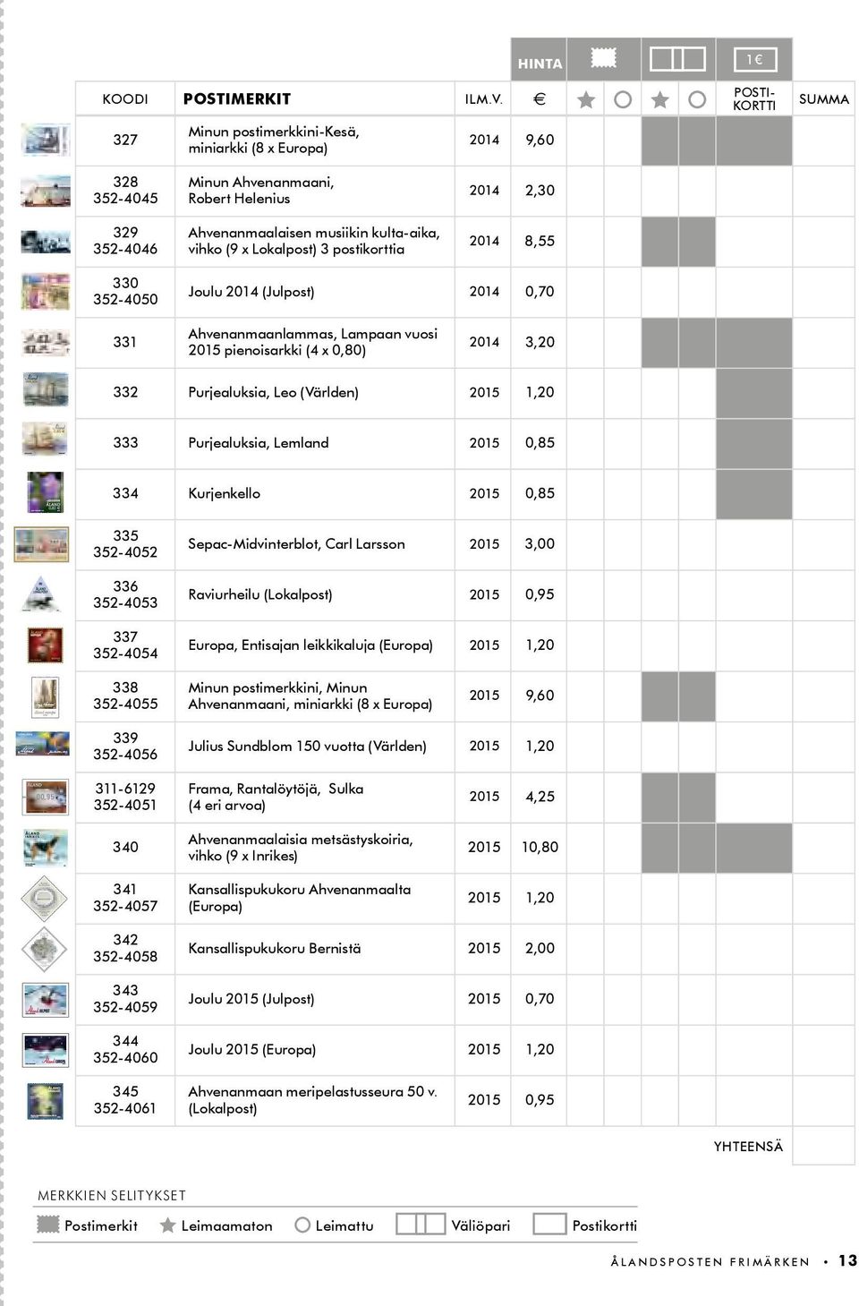 Lokalpost) 3 postikorttia 2014 2,30 2014 8,55 330 352-4050 Joulu 2014 (Julpost) 2014 0,70 331 Ahvenanmaanlammas, Lampaan vuosi 2015 pienoisarkki (4 x 0,80) 2014 3,20 332 Purjealuksia, Leo (Världen)