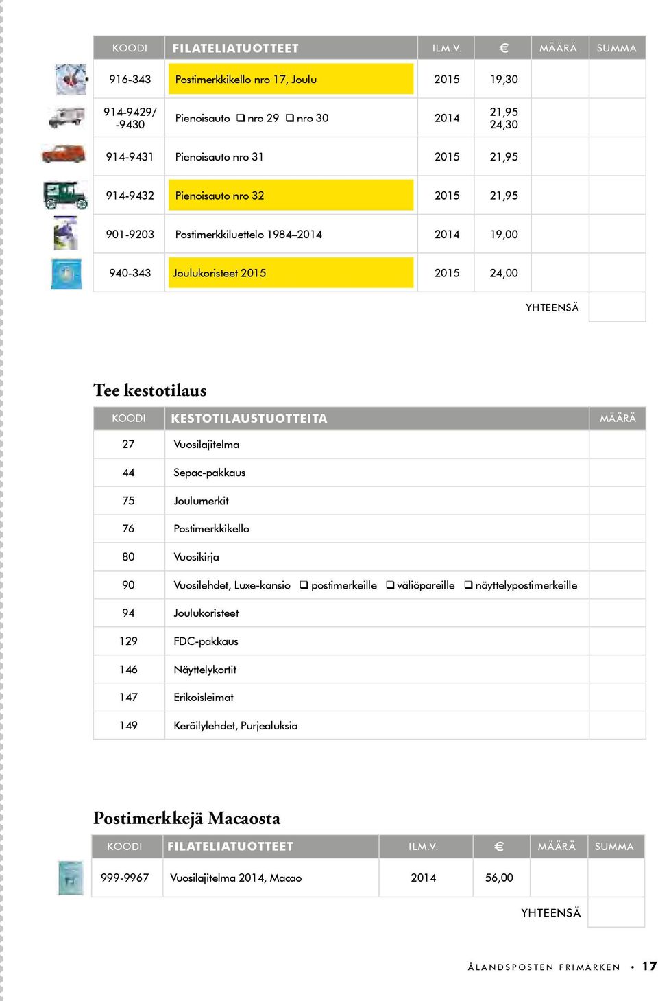 21,95 901-9203 Postimerkkiluettelo 1984 2014 2014 19,00 940-343 Joulukoristeet 2015 2015 24,00 YHTEENSÄ Tee kestotilaus Koodi kestotilaustuotteita MÄÄRÄ 27Vuosilajitelma 44 Sepac-pakkaus