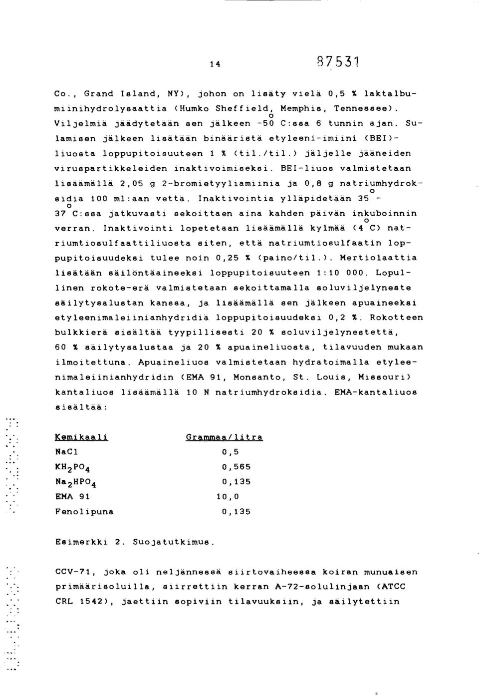 BEI-liuos valmistetaan lisäämällä 2,05 g 2-bromietyyliamiinia ja 0,8 g natriumhydrok- 0 sidia 100 ml:aan vettä.