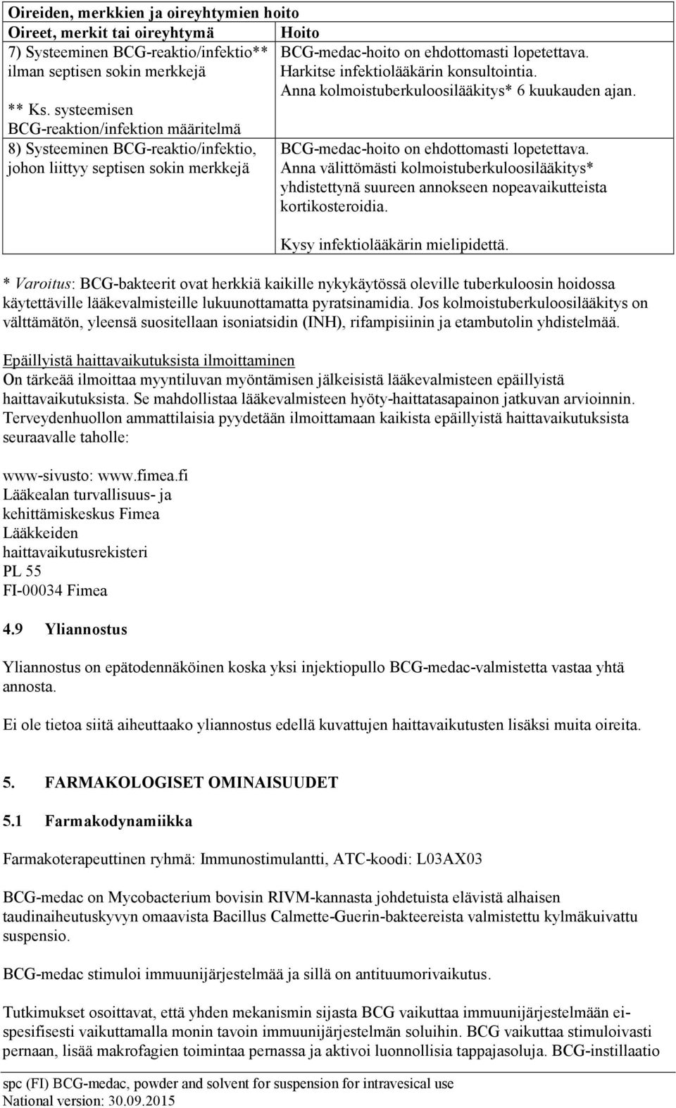 systeemisen BCG-reaktion/infektion määritelmä 8) Systeeminen BCG-reaktio/infektio, johon liittyy septisen sokin merkkejä BCG-medac-hoito on ehdottomasti lopetettava.