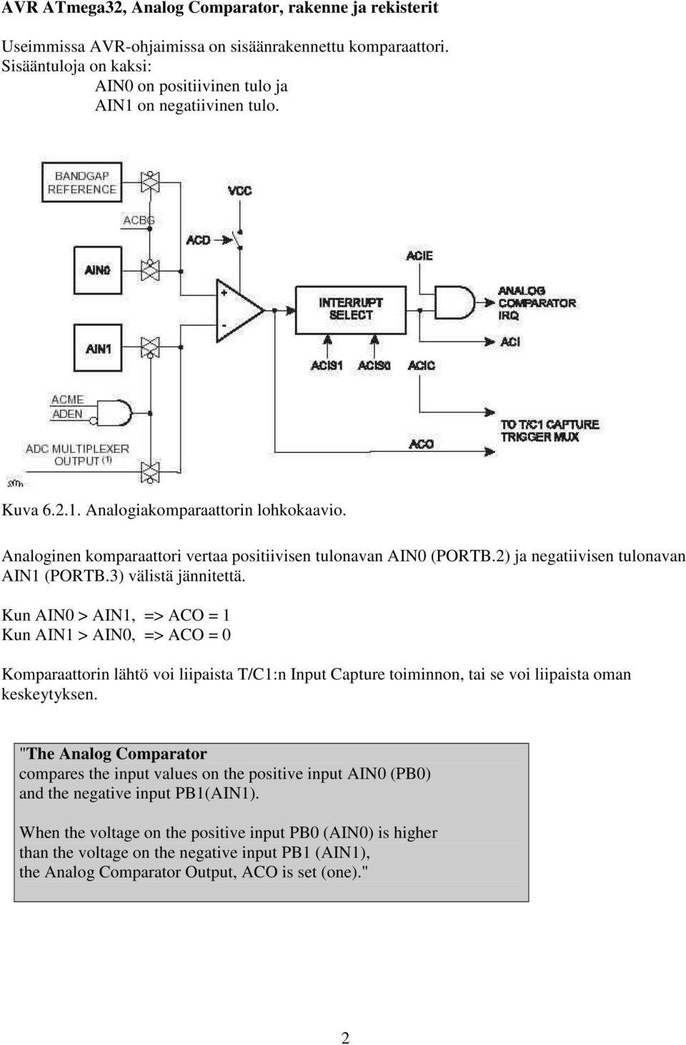 Kun AIN0 > AIN1, => ACO = 1 Kun AIN1 > AIN0, => ACO = 0 Komparaattorin lähtö voi liipaista T/C1:n Input Capture toiminnon, tai se voi liipaista oman keskeytyksen.