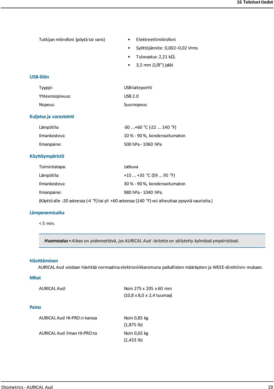 .. 140 F) 10 % - 90 %, kondensoitumaton 500 hpa - 1060 hpa Käyttöympäristö Toimintatapa: Jatkuva Lämpötila: +15... +35 C (59.