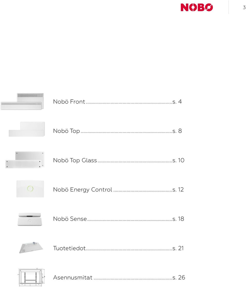 363 1000 = Nobö Top Glass (2x) 118 mm 20 B 3 2 (4x) 97 200 9 3 Nobö Front...s. 4 Nobö Top...s. 8 Nobö Top Glass...s. 10 Nobö Energy Control...s. 12 Nobö Sense...s. 18 Tuotetiedot...s. 21 Nobö Front ja Nobö Top Asennusmitat.