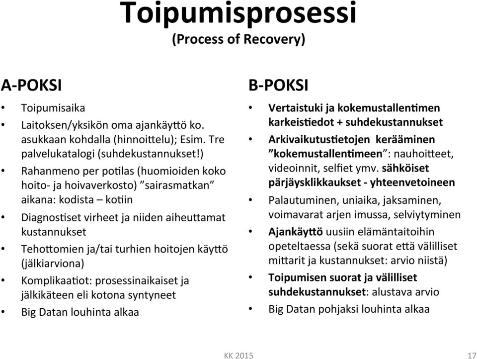 (jälkiarviona) Komplikaa_ot: prosessinaikaiset ja jälkikäteen eli kotona syntyneet Big Datan louhinta alkaa B- POKSI Vertaistuki ja kokemustallen8men karkeis8edot + suhdekustannukset