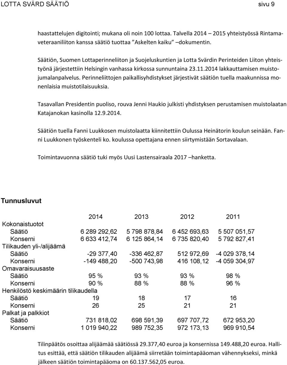 2014 lakkauttamisen muistojumalanpalvelus. Perinneliittojen paikallisyhdistykset järjestivät säätiön tuella maakunnissa monenlaisia muistotilaisuuksia.