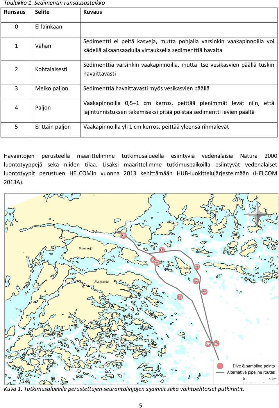 sedimenttiä havaita Sedimenttiä varsinkin vaakapinnoilla, mutta itse vesikasvien päällä tuskin havaittavasti 3 Melko paljon Sedimenttiä havaittavasti myös vesikasvien päällä 4 Paljon Vaakapinnoilla