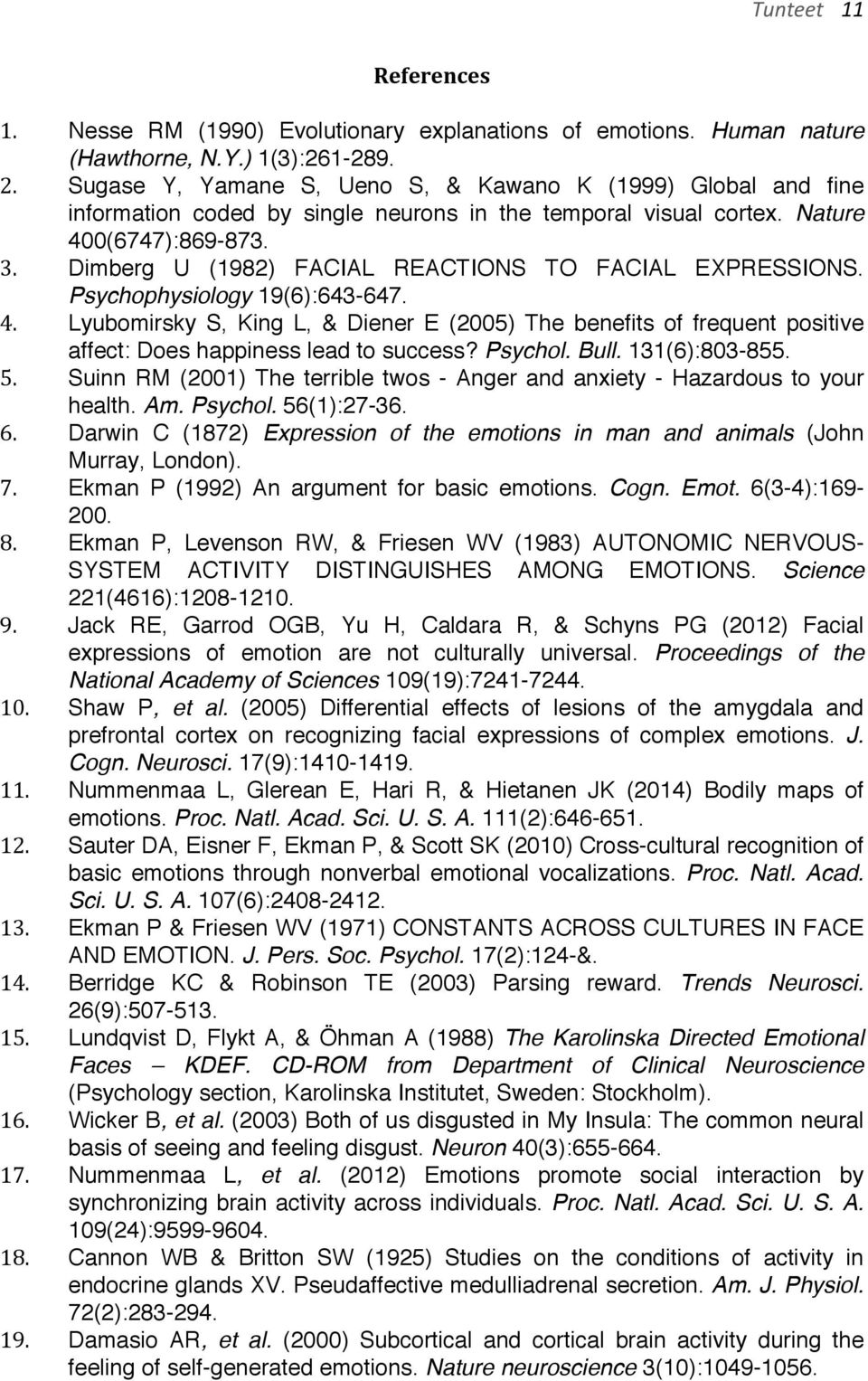 Dimberg U (1982) FACIAL REACTIONS TO FACIAL EXPRESSIONS. Psychophysiology 19(6):643-647. 4.