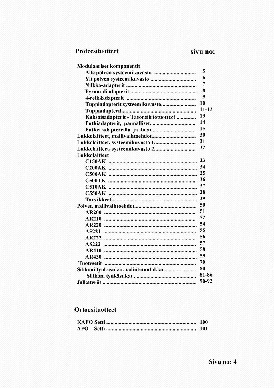 .. Lukkolaitteet, systeemikuvasto 1... Lukkolaitteet, systeemikuvasto 2... Lukkolaitteet C150AK... C200AK... C500AK... C500TK... C510AK... C550AK... Tarvikkeet... Polvet, mallivaihtoehdot... AR200.