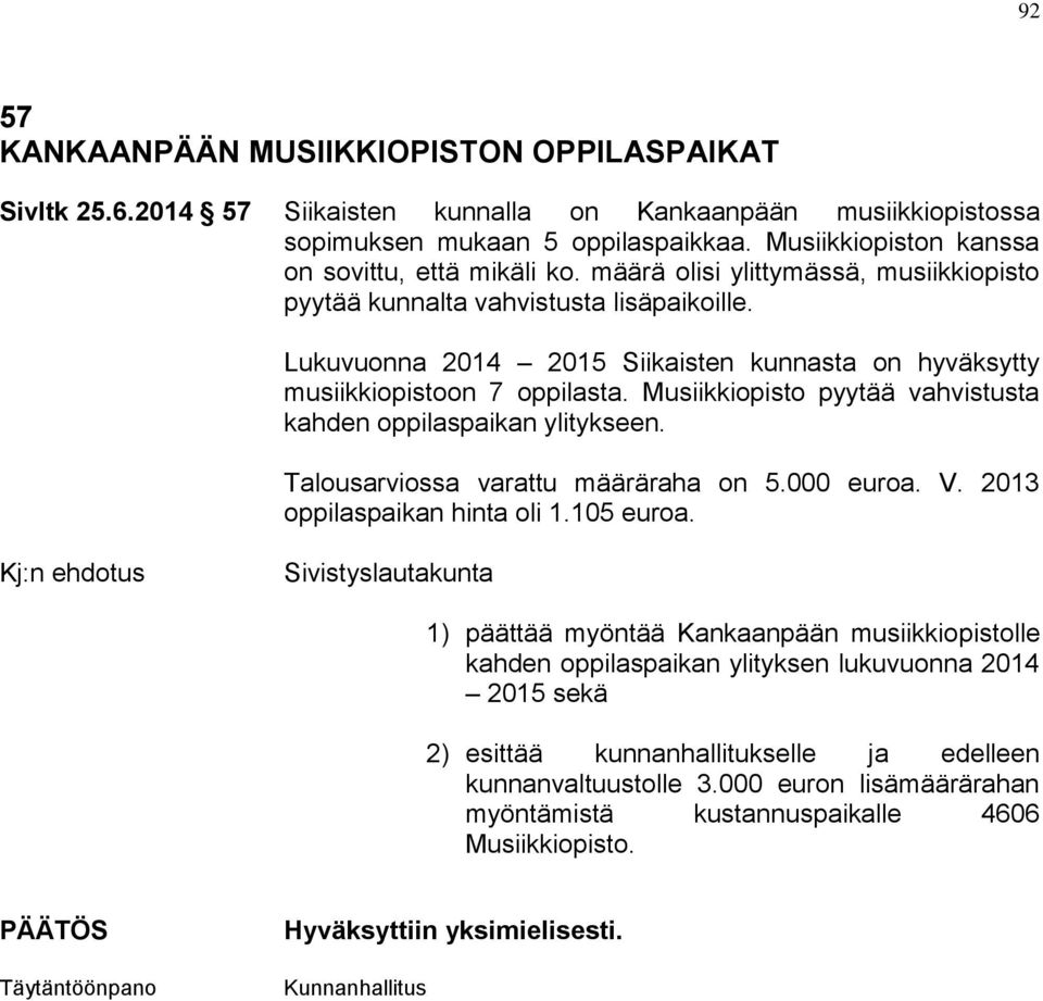 Lukuvuonna 2014 2015 Siikaisten kunnasta on hyväksytty musiikkiopistoon 7 oppilasta. Musiikkiopisto pyytää vahvistusta kahden oppilaspaikan ylitykseen. Talousarviossa varattu määräraha on 5.000 euroa.