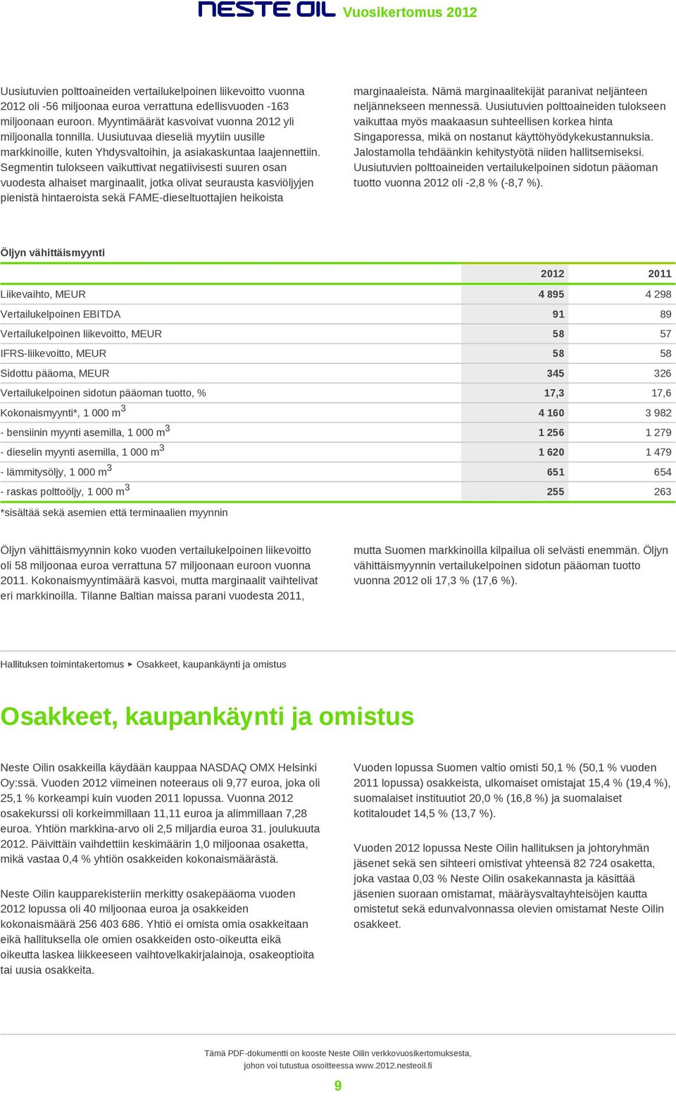 Segmentin tulokseen vaikuttivat negatiivisesti suuren osan vuodesta alhaiset marginaalit, jotka olivat seurausta kasviöljyjen pienistä hintaeroista sekä FAME-dieseltuottajien heikoista marginaaleista.