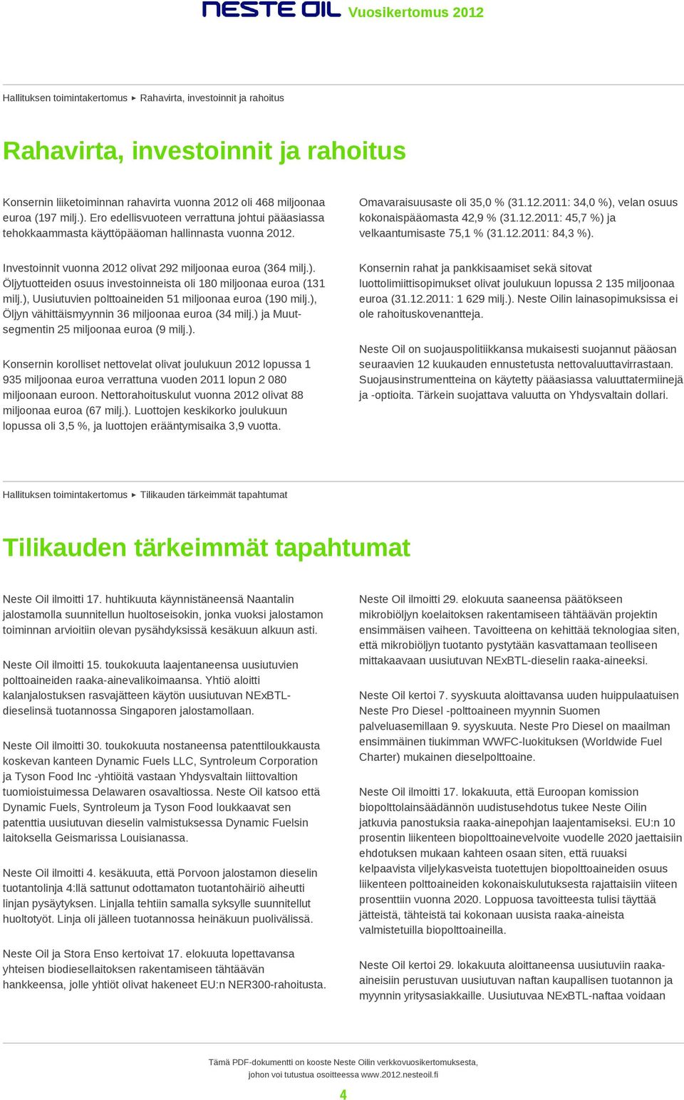 12.2011: 84,3 %). Investoinnit vuonna 2012 olivat 292 miljoonaa euroa (364 milj.). Öljytuotteiden osuus investoinneista oli 180 miljoonaa euroa (131 milj.