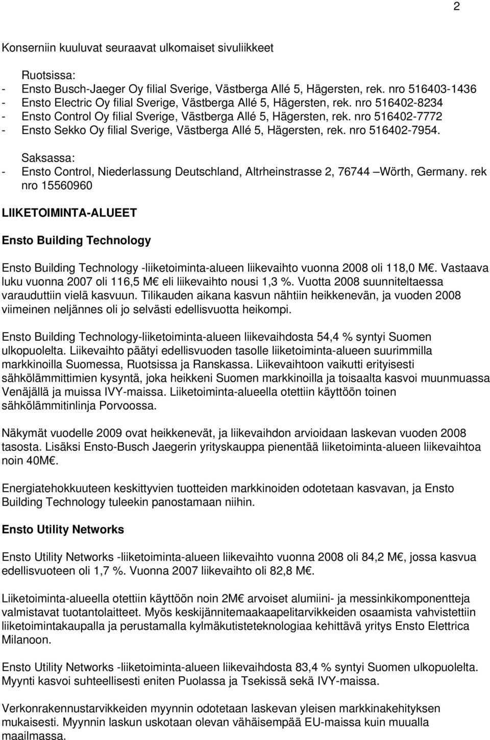 nro 516402-7772 - Ensto Sekko Oy filial Sverige, Västberga Allé 5, Hägersten, rek. nro 516402-7954. Saksassa: - Ensto Control, Niederlassung Deutschland, Altrheinstrasse 2, 76744 Wörth, Germany.