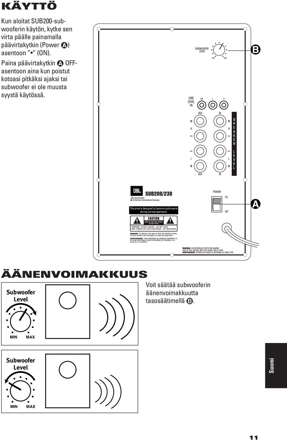 Paina päävirtakytkin å OFFasentoon aina kun poistut kotoasi pitkäksi ajaksi tai subwoofer