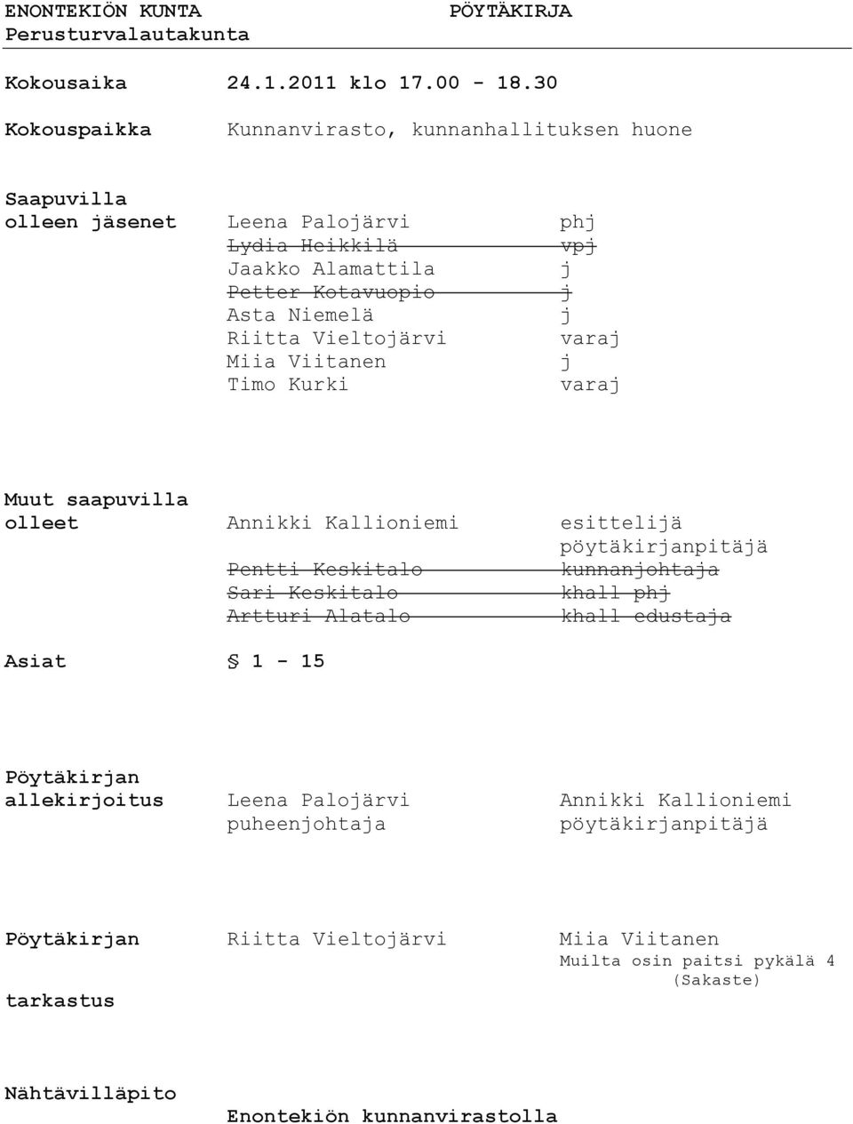 Riitta Vieltojärvi varaj Miia Viitanen j Timo Kurki varaj Muut saapuvilla olleet Annikki Kallioniemi esittelijä pöytäkirjanpitäjä Pentti Keskitalo kunnanjohtaja Sari