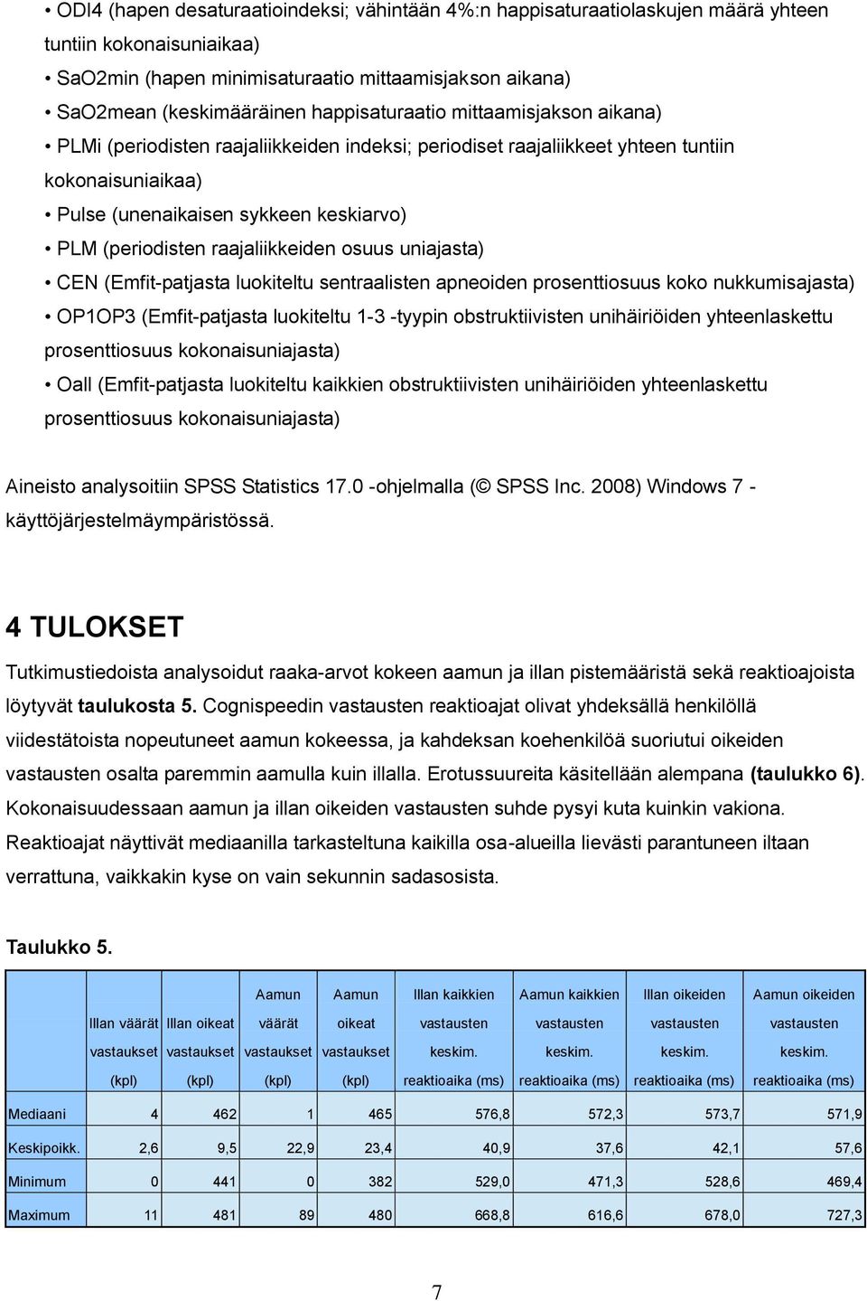 raajaliikkeiden osuus uniajasta) CEN (Emfit-patjasta luokiteltu sentraalisten apneoiden prosenttiosuus koko nukkumisajasta) OP1OP3 (Emfit-patjasta luokiteltu 1-3 -tyypin obstruktiivisten