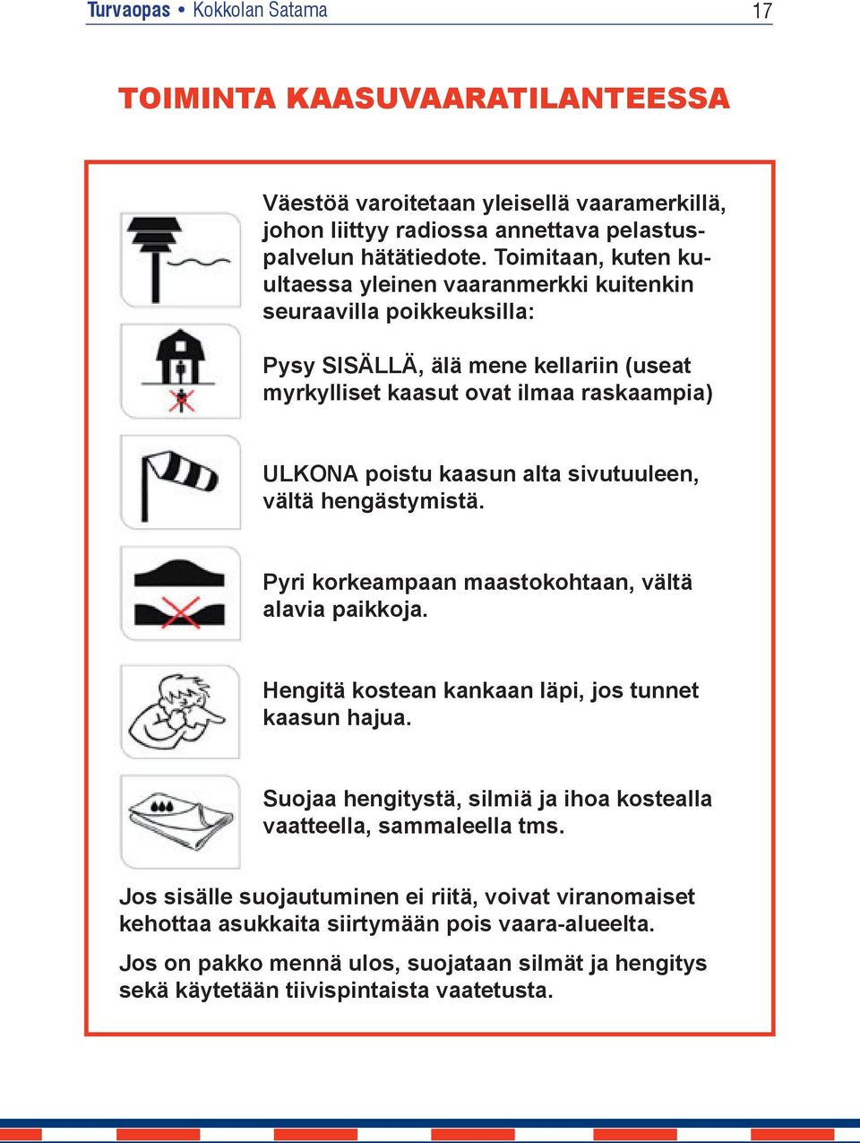 sivutuuleen, vältä hengästymistä. Pyri korkeampaan maastokohtaan, vältä alavia paikkoja. Hengitä kostean kankaan läpi, jos tunnet kaasun hajua.