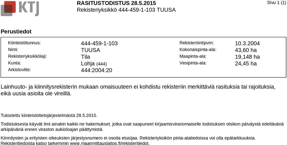 10.3.2004 Kokonaispinta-ala: 43,60 ha Maapinta-ala: 19,148 ha Vesipinta-ala: 24,45 ha Lainhuuto- ja kiinnitysrekisterin mukaan omaisuuteen ei kohdistu rekisteriin merkittäviä rasituksia tai