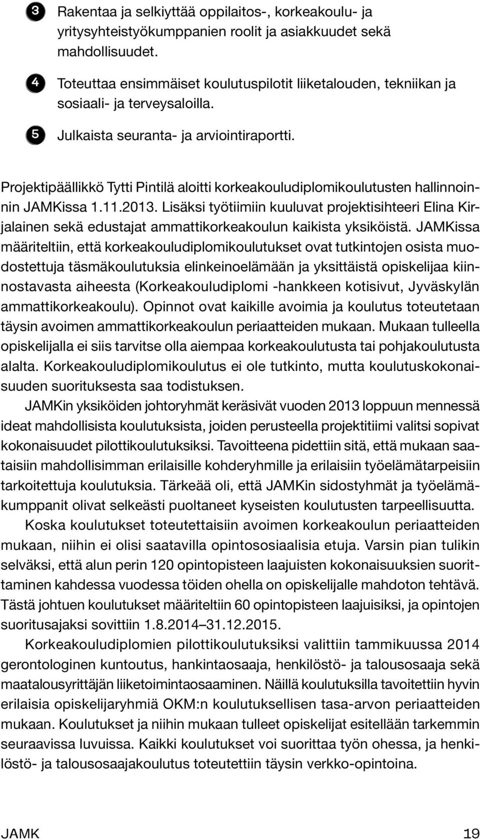 Projektipäällikkö Tytti Pintilä aloitti korkeakouludiplomikoulutusten hallinnoinnin JAMKissa 1.11.2013.