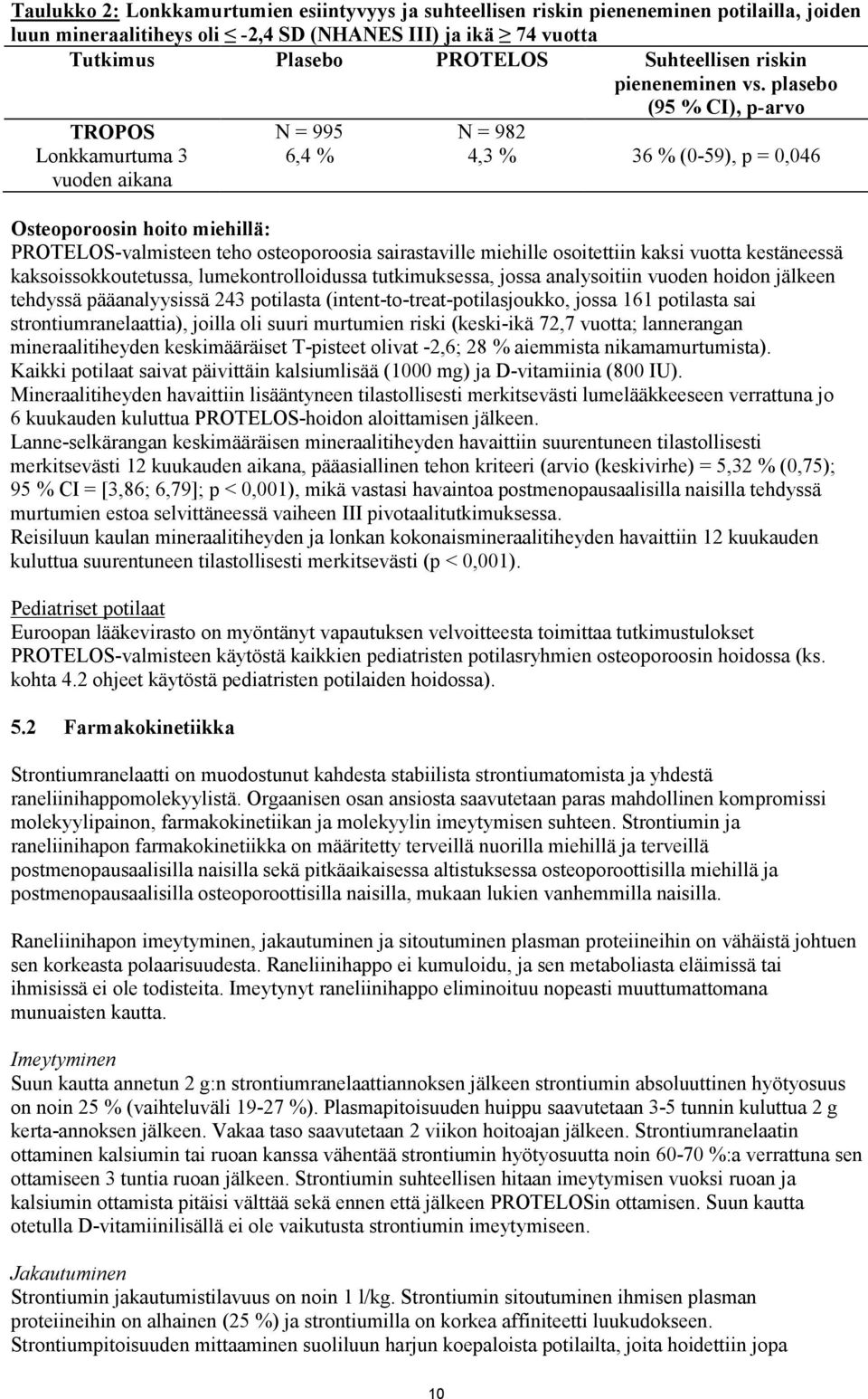 plasebo (95 % CI), p-arvo TROPOS N = 995 N = 982 Lonkkamurtuma 3 vuoden aikana 6,4 % 4,3 % 36 % (0-59), p = 0,046 Osteoporoosin hoito miehillä: PROTELOS-valmisteen teho osteoporoosia sairastaville