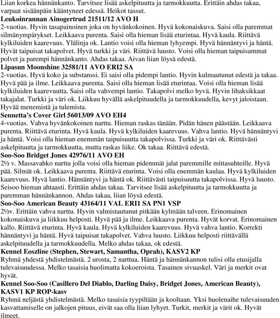 Ylälinja ok. Lantio voisi olla hieman lyhyempi. Hyvä hännäntyvi ja häntä. Hyvät taipuisat takapolvet. Hyvä turkki ja väri. Riittävä luusto.
