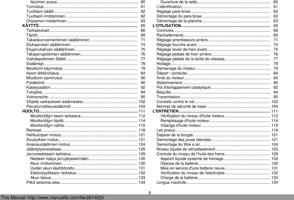 .. 84 Moottorin sammutus... 90 Pysäköinti... 90 Katalysaattori... 92 Tukijalka... 94 Voimansiirto... 95 Ohjeita varkauksien estämiseksi... 102 Perusturvallisuussäännöt... 104 HUOLTO.