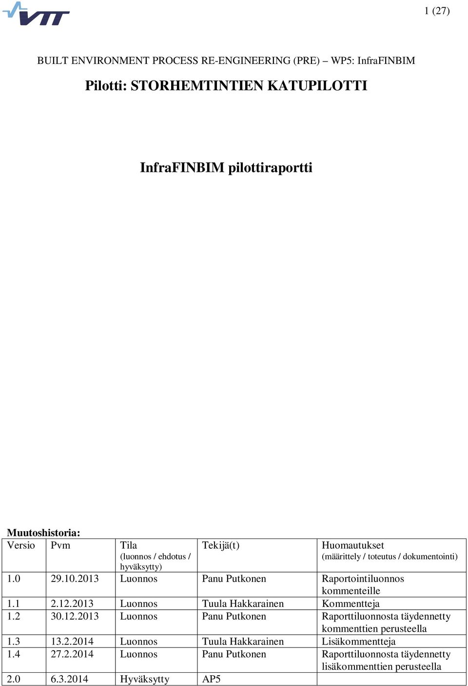 2013 Luonnos Panu Putkonen Raportointiluonnos kommenteille 1.1 2.12.2013 Luonnos Tuula Hakkarainen Kommentteja 1.2 30.12.2013 Luonnos Panu Putkonen Raporttiluonnosta täydennetty kommenttien perusteella 1.