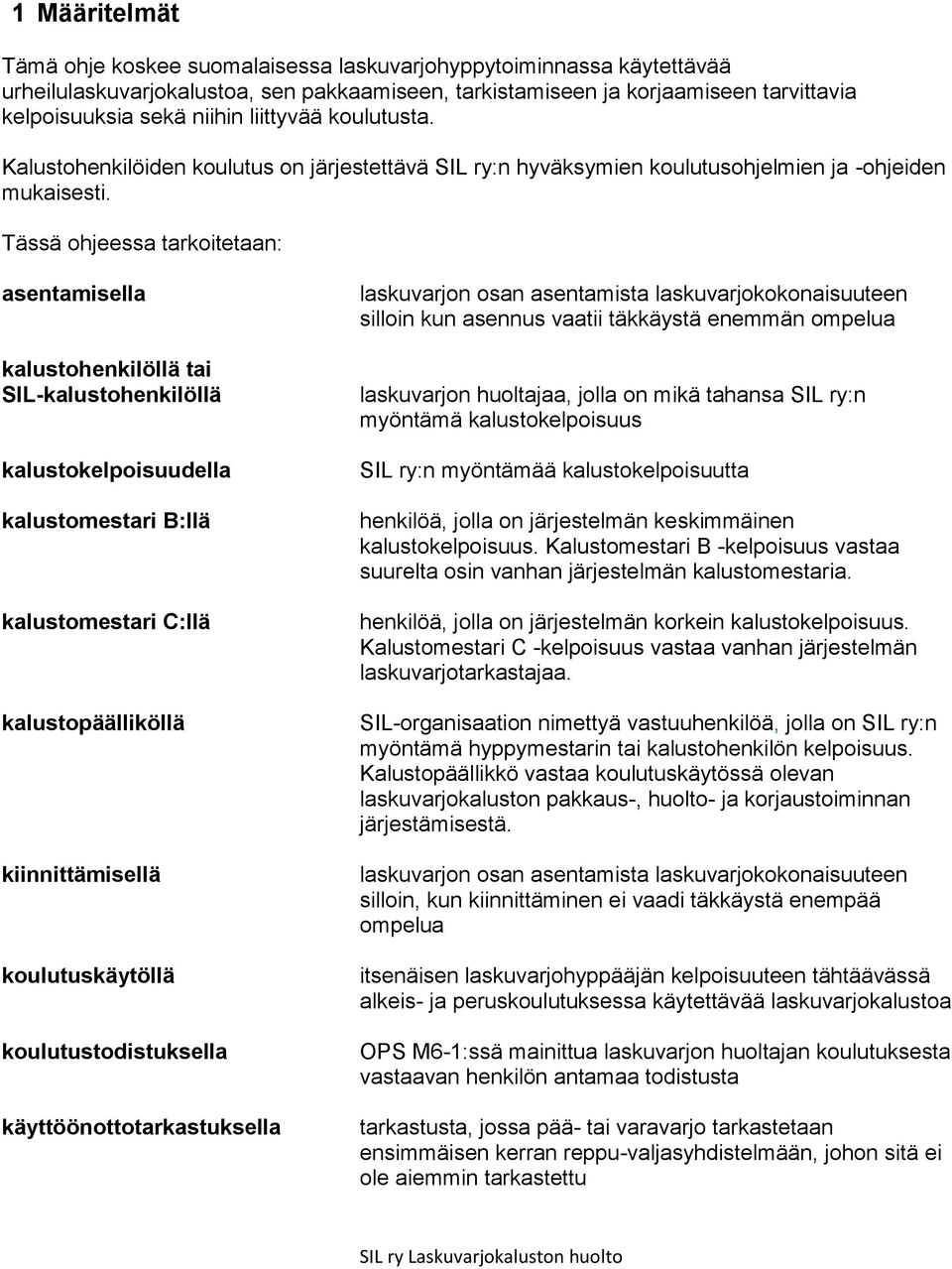 Tässä ohjeessa tarkoitetaan: asentamisella kalustohenkilöllä tai SIL-kalustohenkilöllä kalustokelpoisuudella kalustomestari B:llä kalustomestari C:llä kalustopäälliköllä kiinnittämisellä