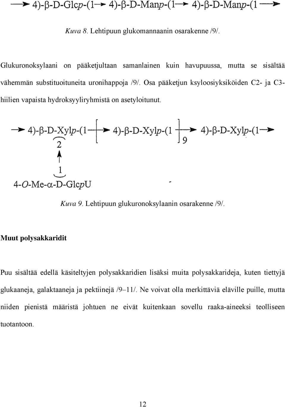 Osa pääketjun ksyloosiyksiköiden C2- ja C3- hiilien vapaista hydroksyyliryhmistä on asetyloitunut. Kuva 9. Lehtipuun glukuronoksylaanin osarakenne /9/.