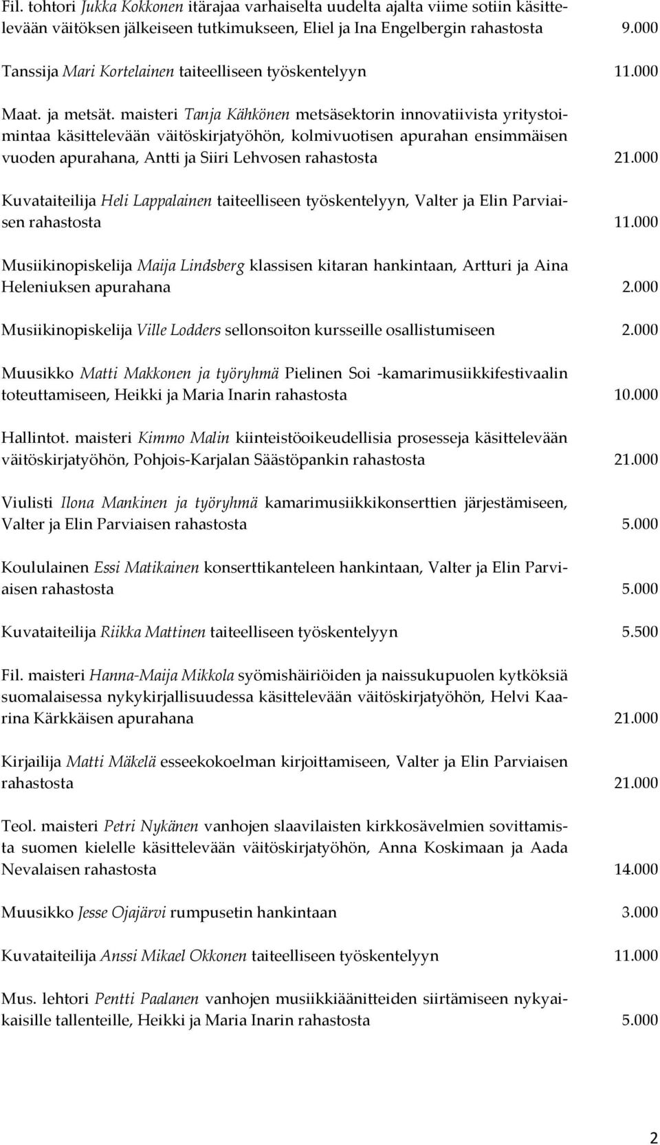maisteri Tanja Kähkönen metsäsektorin innovatiivista yritystoimintaa käsittelevään väitöskirjatyöhön, kolmivuotisen apurahan ensimmäisen vuoden apurahana, Antti ja Siiri Lehvosen rahastosta 21.
