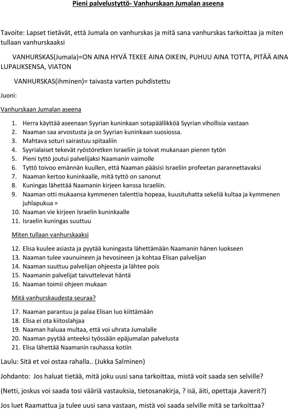 Herra käyttää aseenaan Syyrian kuninkaan sotapäällikköä Syyrian vihollisia vastaan 2. Naaman saa arvostusta ja on Syyrian kuninkaan suosiossa. 3. Mahtava soturi sairastuu spitaaliin 4.