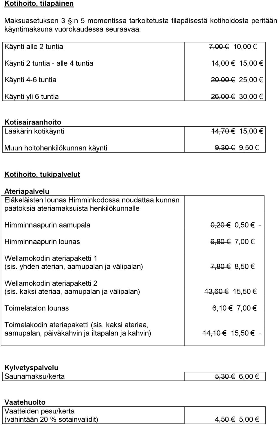 Ateriapalvelu Eläkeläisten lounas Himminkodossa noudattaa kunnan päätöksiä ateriamaksuista henkilökunnalle Himminnaapurin aamupala Himminnaapurin lounas Wellamokodin ateriapaketti 1 (sis.