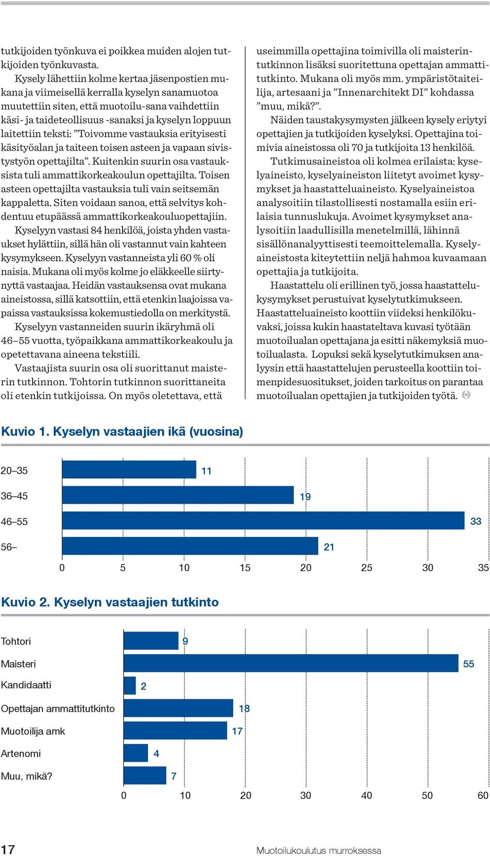 laitettiin teksti: Toivomme vastauksia erityisesti käsityöalan ja taiteen toisen asteen ja vapaan sivistystyön opettajilta. Kuitenkin suurin osa vastauksista tuli ammattikorkeakoulun opettajilta.