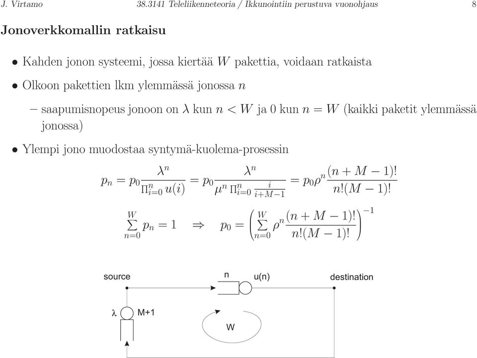 pakettia, voidaan ratkaista Olkoon pakettien lkm ylemmässä jonossa n saapumisnopeus jonoon on λ kun n < W ja 0 kun n = W