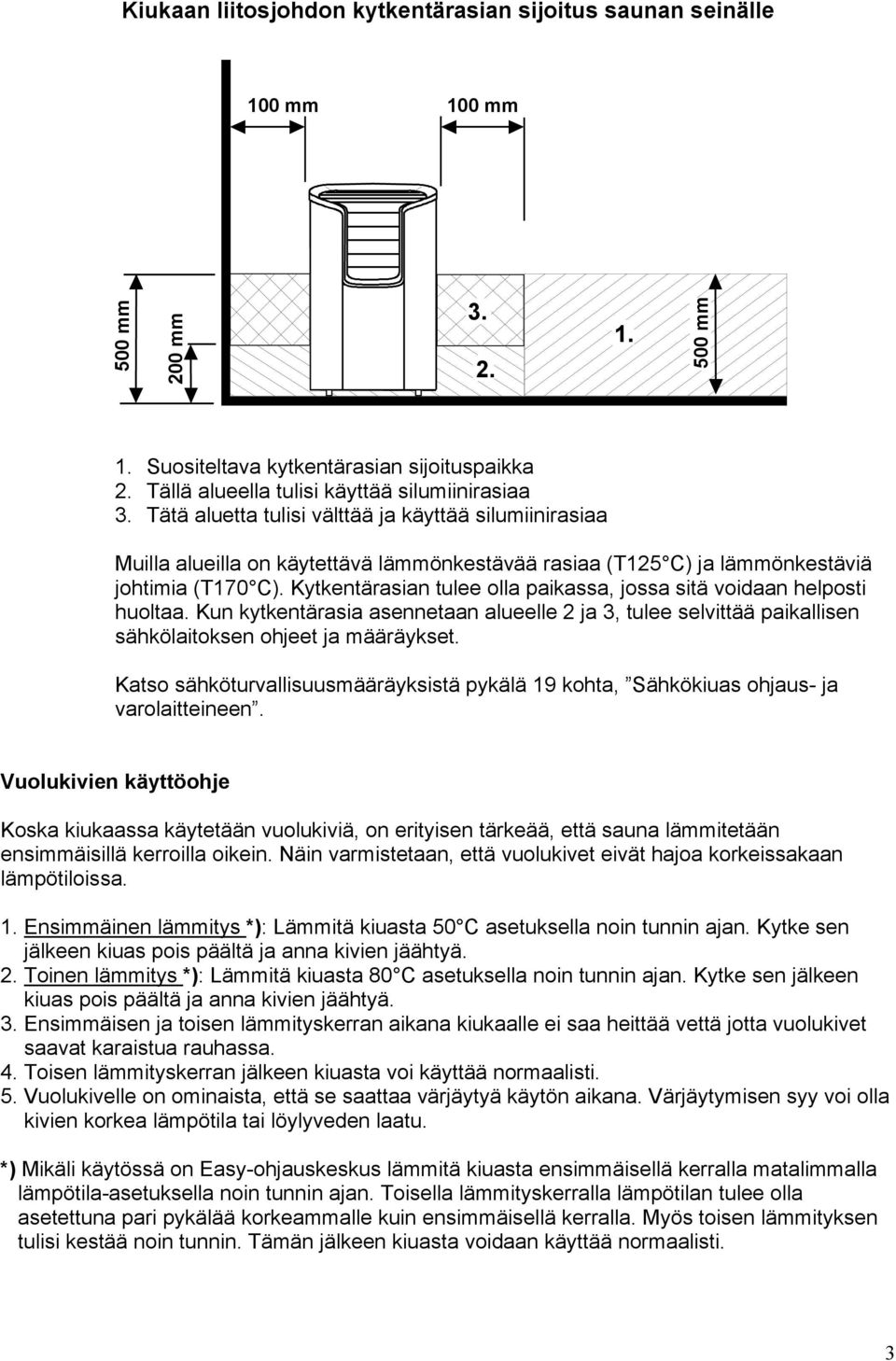 Tätä aluetta tulisi välttää ja käyttää silumiinirasiaa Muilla alueilla on käytettävä lämmönkestävää rasiaa (T125 C) ja lämmönkestäviä johtimia (T170 C).