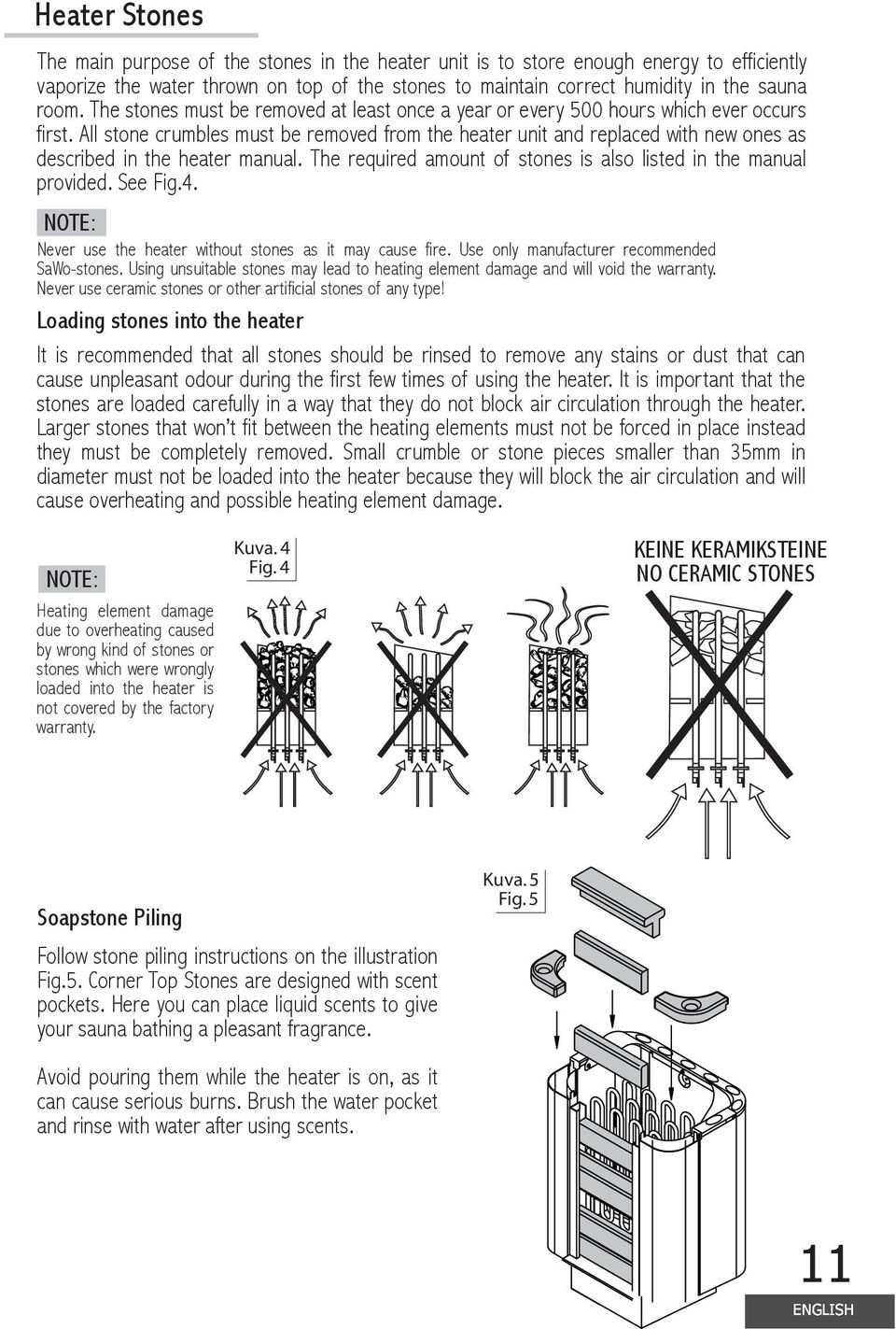 All stone crumbles must be removed from the heater unit and replaced with new ones as described in the heater manual. The required amount of stones is also listed in the manual provided. See Fig.4.