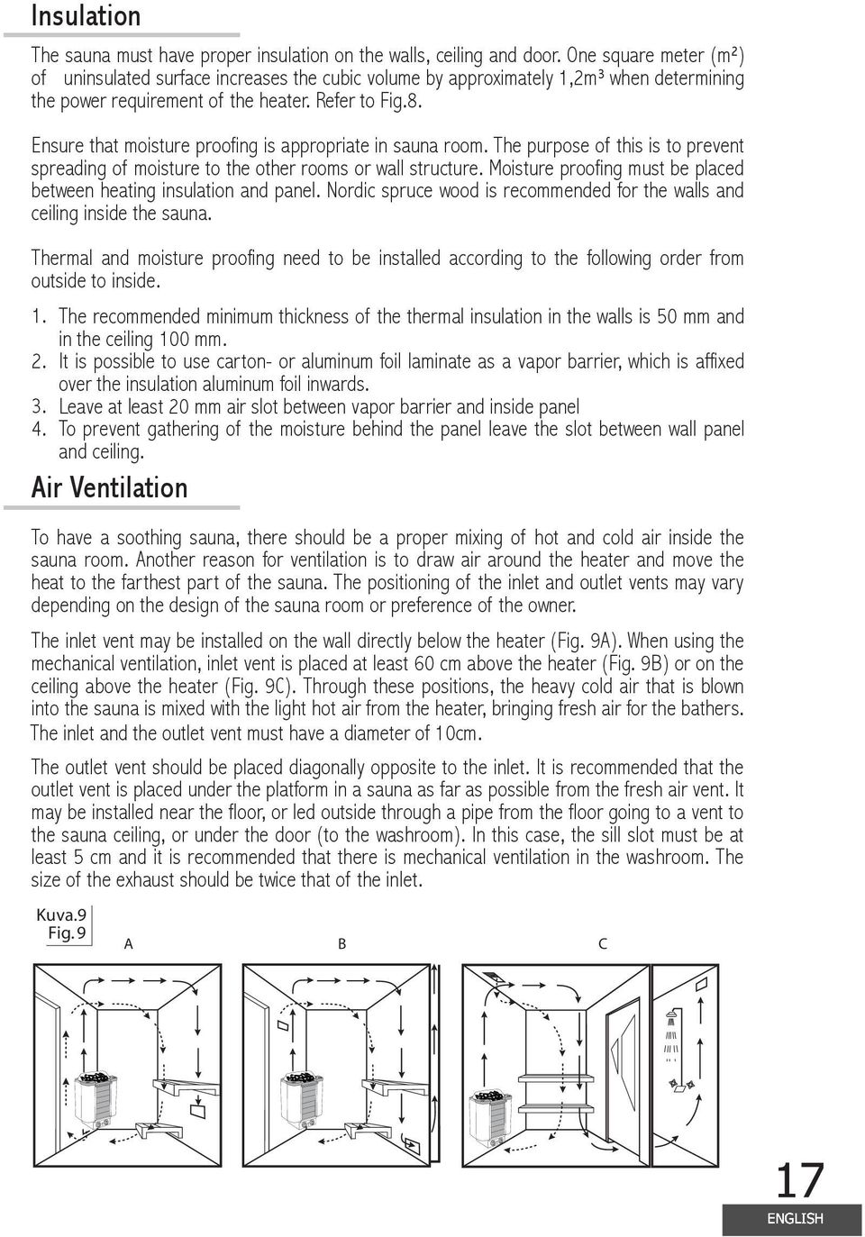 Ensure that moisture proofing is appropriate in sauna room. The purpose of this is to prevent spreading of moisture to the other rooms or wall structure.