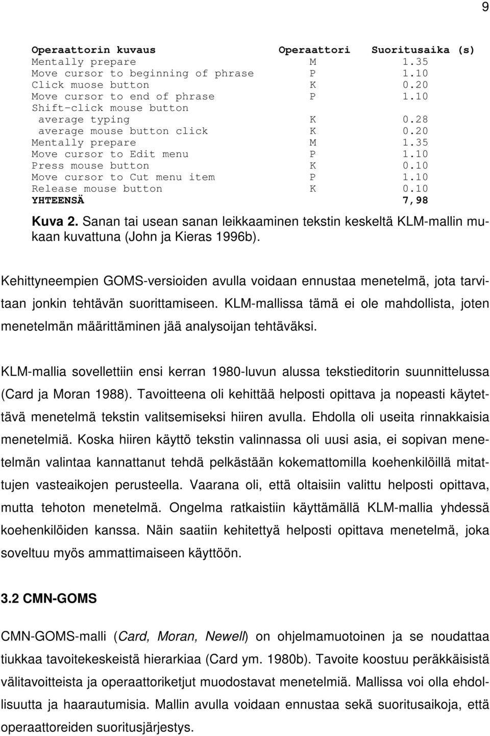 10 Release mouse button K 0.10 YHTEENSÄ 7,98 Kuva 2. Sanan tai usean sanan leikkaaminen tekstin keskeltä KLM-mallin mukaan kuvattuna (John ja Kieras 1996b).