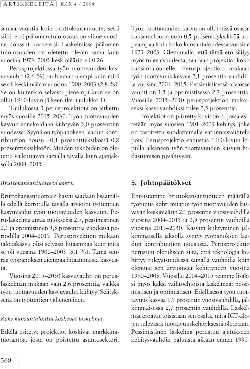 Perusprojektiossa työn tuottavuuden kasvuvauhti (2,6 %) on hieman alempi kuin mitä se oli keskimäärin vuosina 1900 2003 (2,8 %).