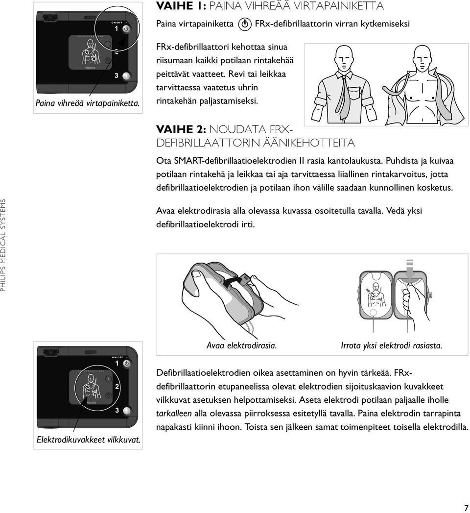 VAIHE 2: NOUDATA FRX- DEFIBRILLAATTORIN ÄÄNIKEHOTTEITA Ota SMART-defibrillaatioelektrodien II rasia kantolaukusta.